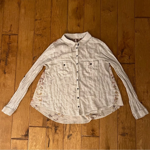 Free People Cream Striped Button Down Shirt with See Through Floral Back - Picture 4 of 12